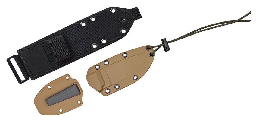 Ecco gli accessori a corredo del coltello survival ESEE-3P-UC-MB: coprilama in Kydex, placca in metallo con clip, e supporto MOLLE