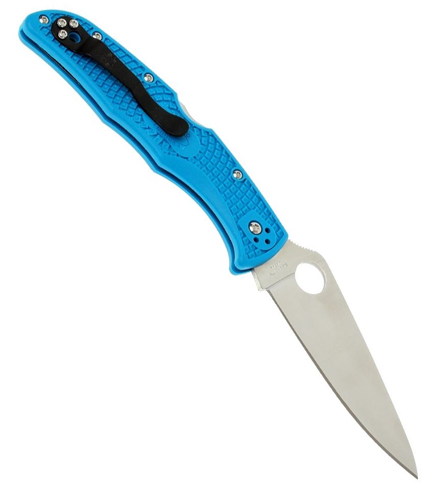 Il coltello a serramanico Spyderco Endura 4 C10FPBL visto dal lato opposto, con in bella mostra la clip in acciaio