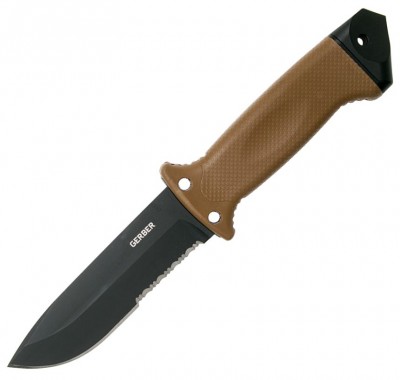 Coltello Tattico Gerber LMF II Infantry Coyote Brown, con lama antiriflesso in acciaio 420HC ad alto contenuto di carbonio, affilatore e cinghie regolabili