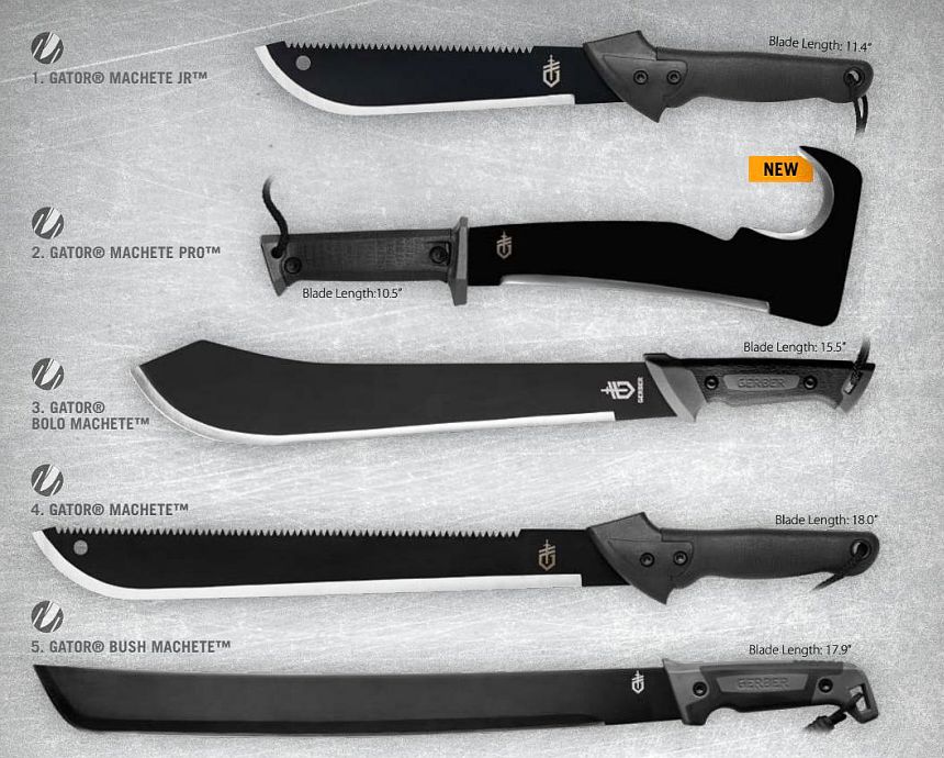 Una panoramica dei diversi tipi di machete offerti da Gerber (il Gator Bush qui recensito è l'ultimo in basso)