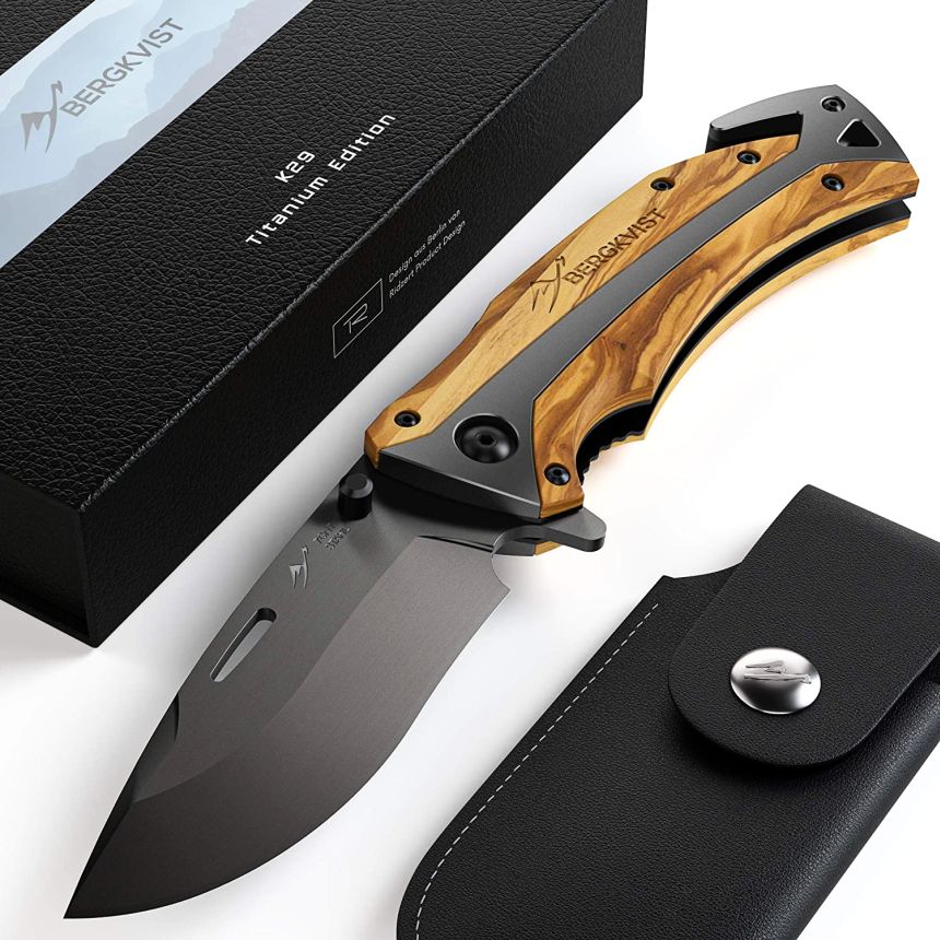Bergkvist K29 Titanium, coltello pieghevole tascabile con manico in legno, da caccia, da campeggio e sopravvivenza, con incluso il fodero e un affilacoltelli