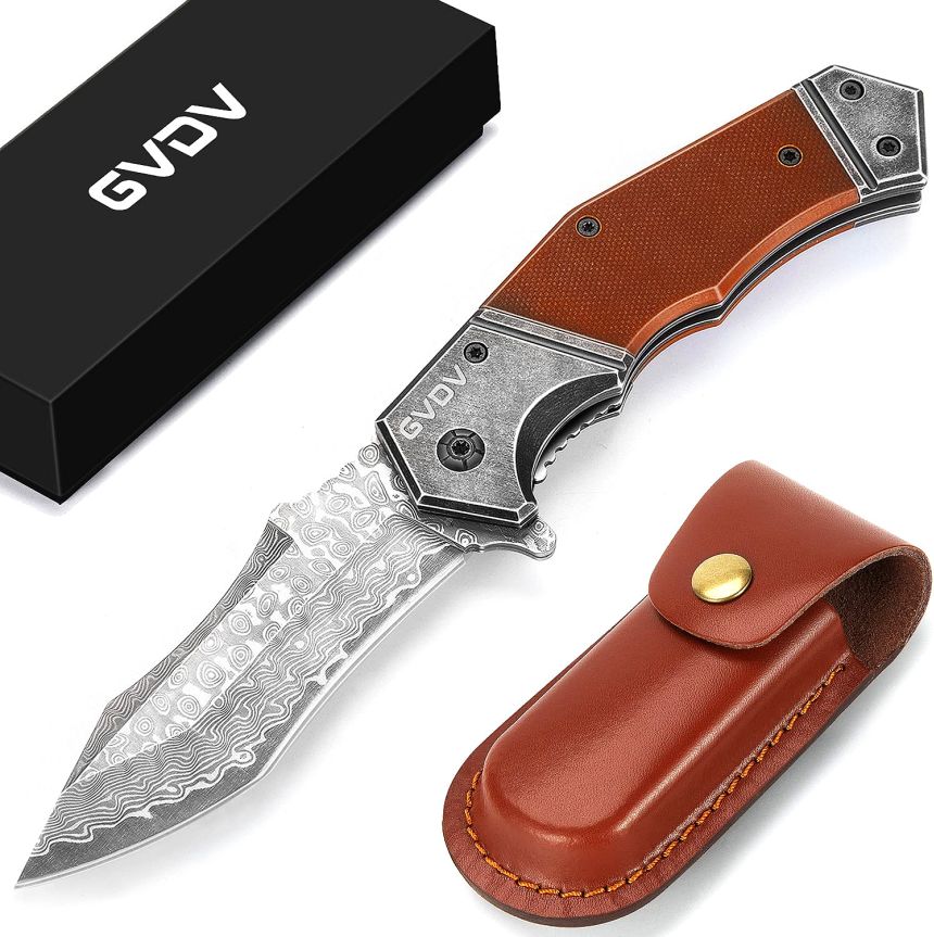 Il coltello a serramanico GVDV con lama in acciaio Damasco di alta qualità, ideale per escursionisti e campeggiatori